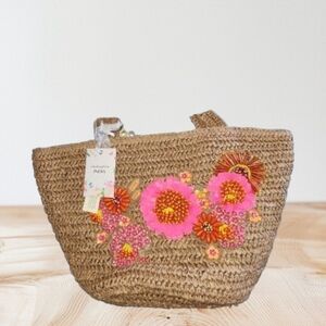 NWT Made in India Tan Bag Pink/Orange Floral Beading Boho, Cottagecore, Beachy